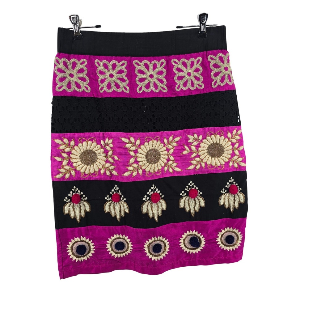 Leifsdottir Skirt Womens 8 Pink Black Embroidered Boho Floral Eyelet Knee Length